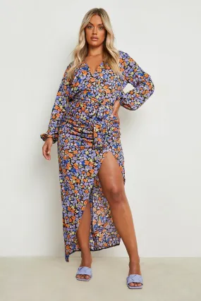 Plus Floral Wrap Ruched Front Midi Dress