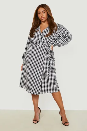 Plus Gingham Seersucker Midi Wrap Dress