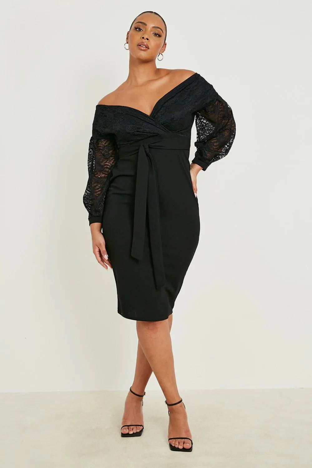 Plus Lace Off The Shoulder Wrap Midi Dress