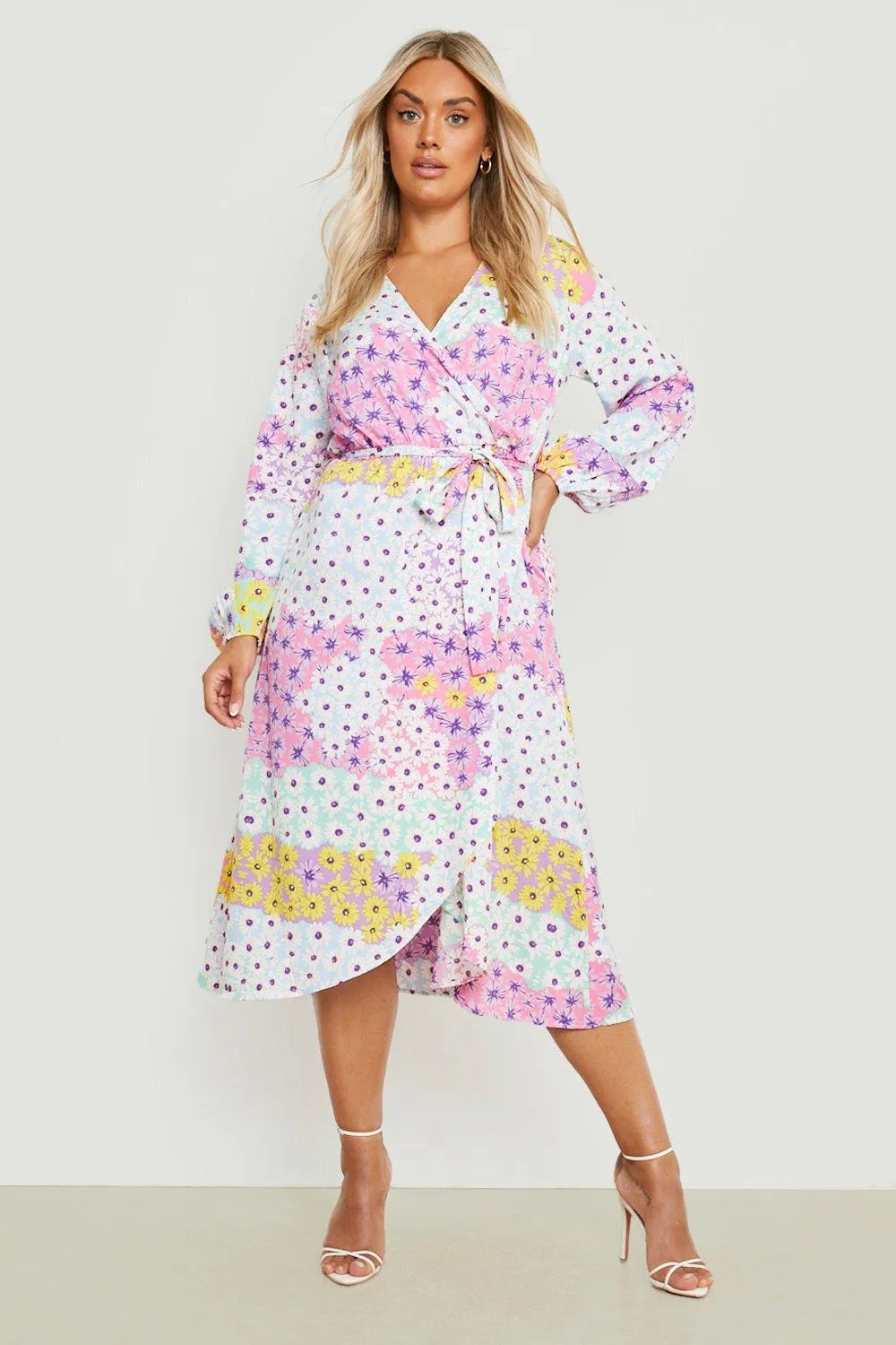 Plus Mixed Floral Print Wrap Midi Dress