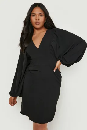 Plus Puff Sleeve Wrap Front Skater Dress