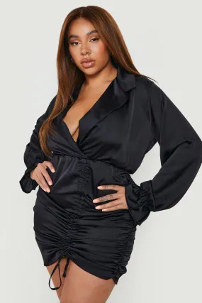 Plus Ruched Wrap Satin Shirt Dress