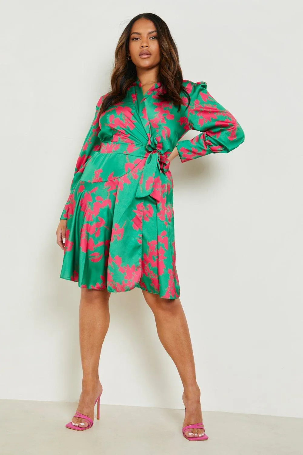 Plus Satin Floral Print Wrap Skater Dress