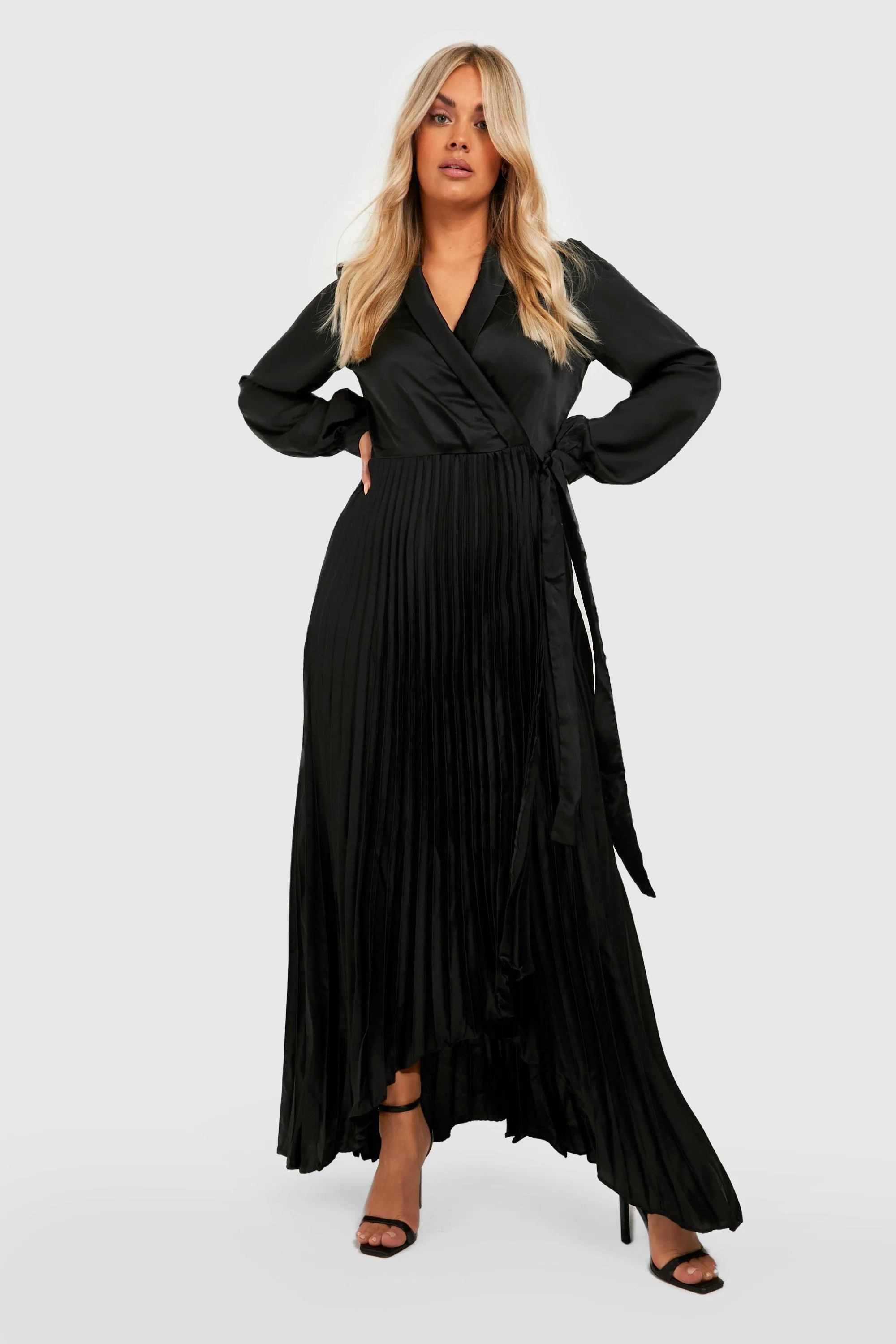 Plus Satin Pleated Wrap Belted Maxi Dress