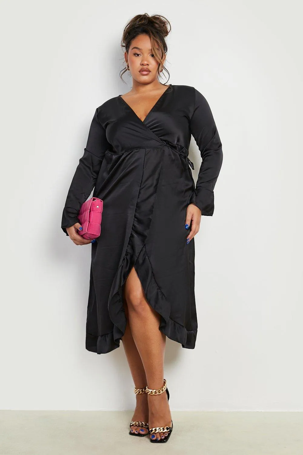 Plus Satin Ruffle Wrap Dress