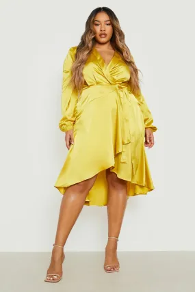 Plus Satin Wrap Detail Midi Skater Dress