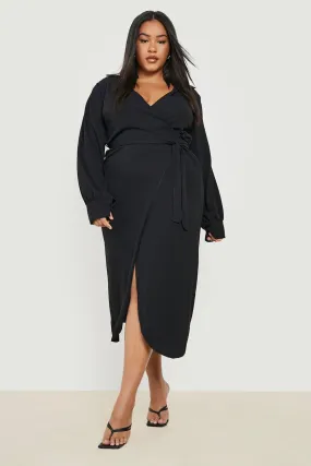 Plus Textured Wrap Front Belted Shirt Dress