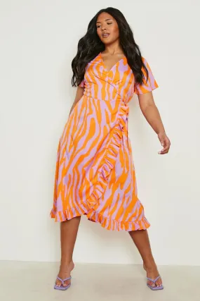 Plus Tiger Print Wrap Midi Dress