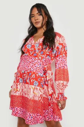 Plus Woven Mixed Print Wrap Dress