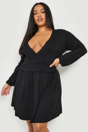 Plus Wrap Ruffle Waist Smock Dress