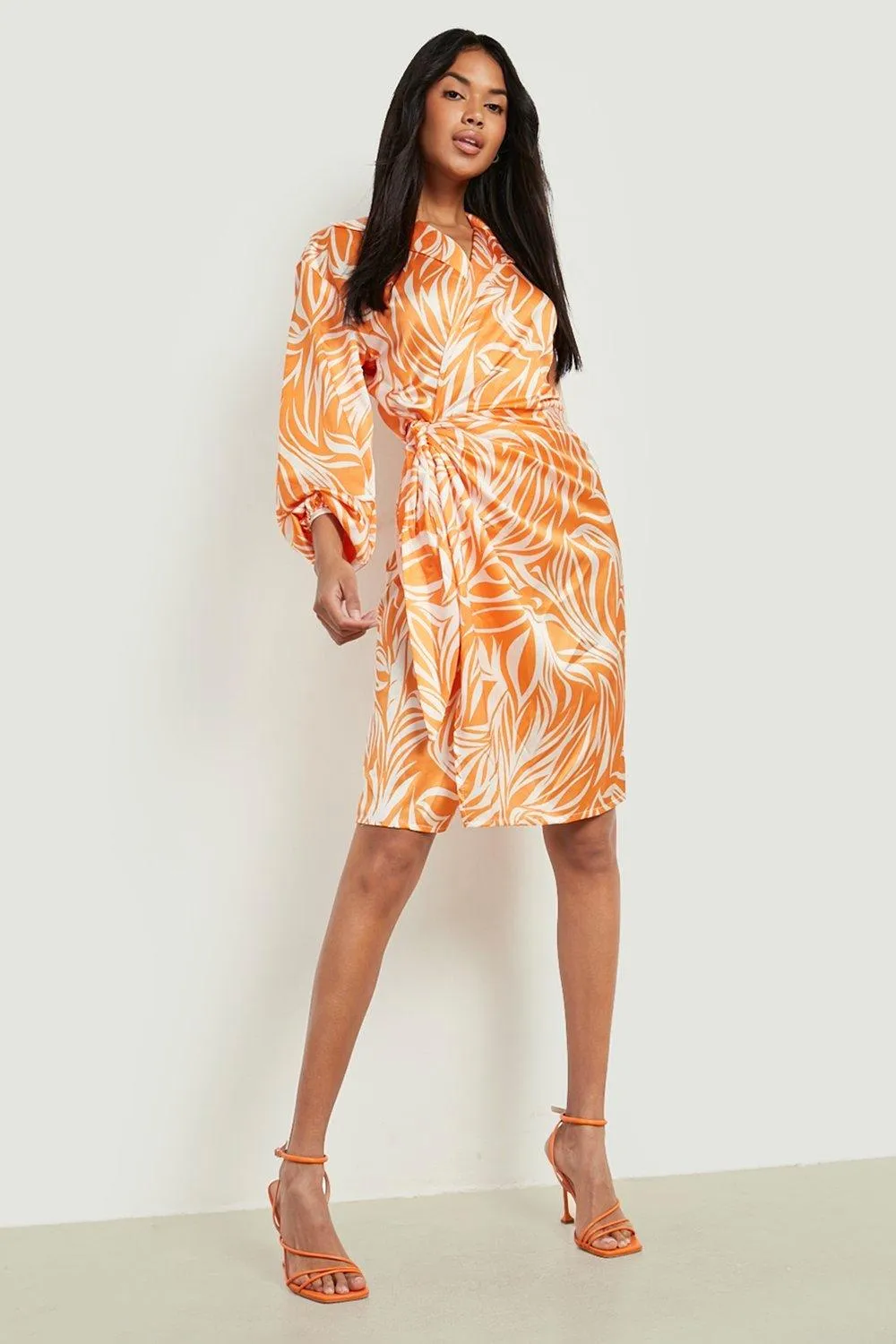 Printed Satin Wrap Midi Dress