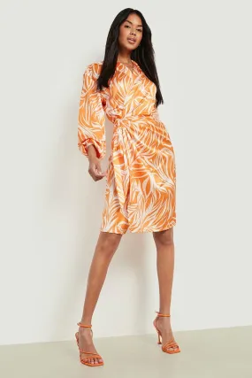 Printed Satin Wrap Midi Dress