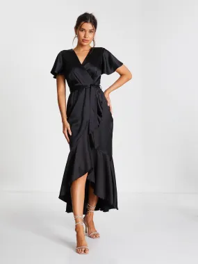 Quiz Black Satin Wrap Maxi Dress