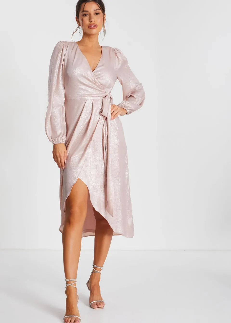 Quiz Pink Foil Wrap Midi Dress