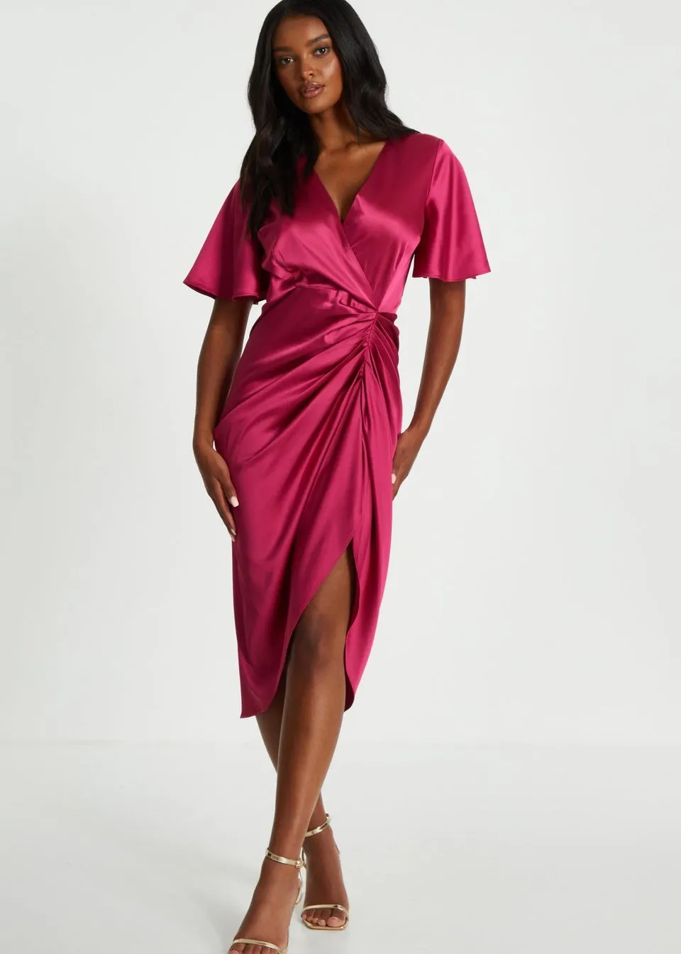 Quiz Red Satin Ruched Wrap Midi Dress