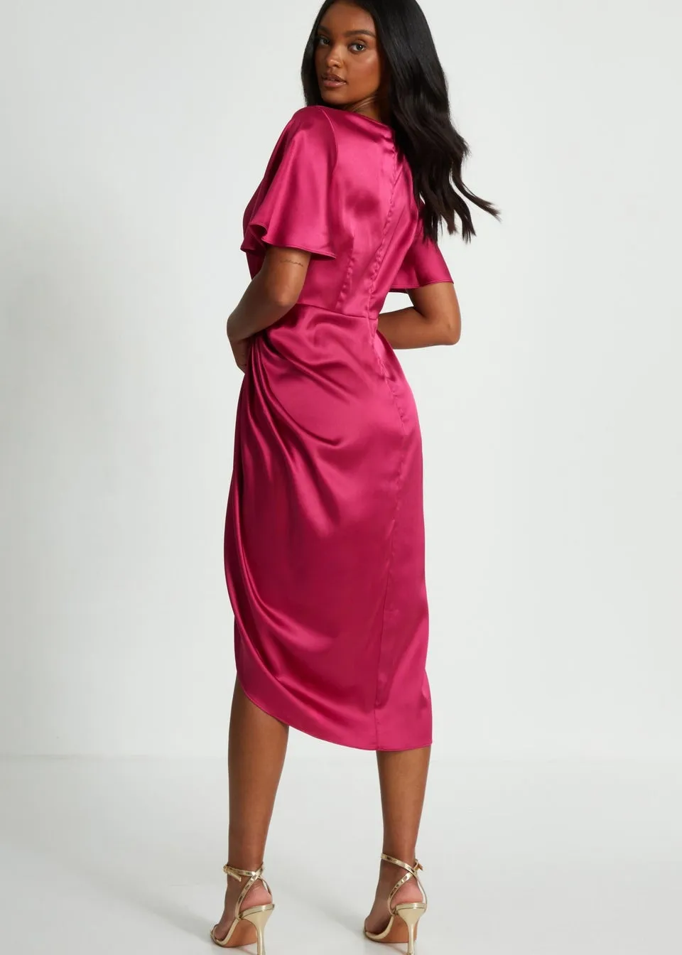 Quiz Red Satin Ruched Wrap Midi Dress