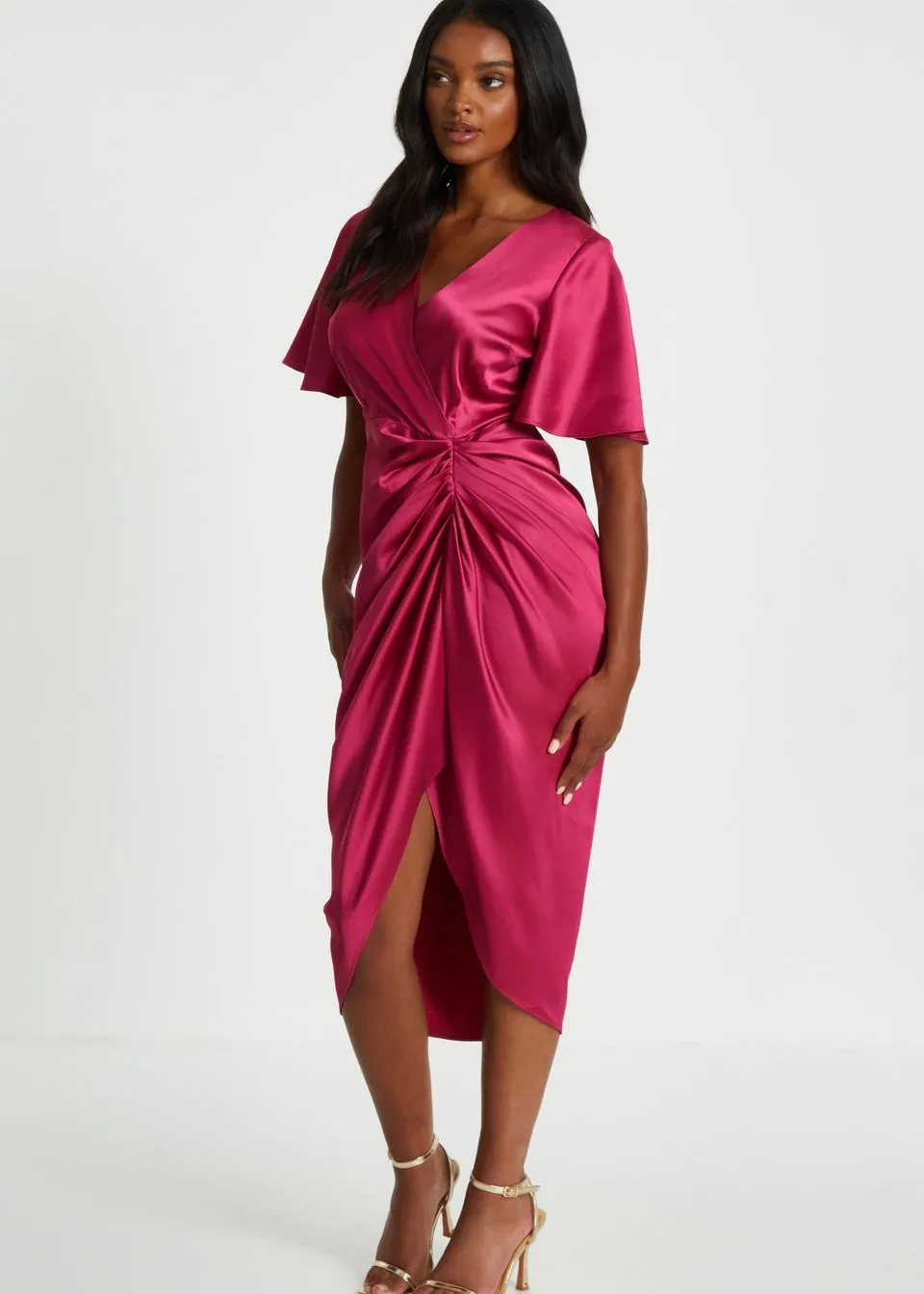 Quiz Red Satin Ruched Wrap Midi Dress