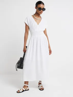 River Island Shirred Wrap Linen Dress - White