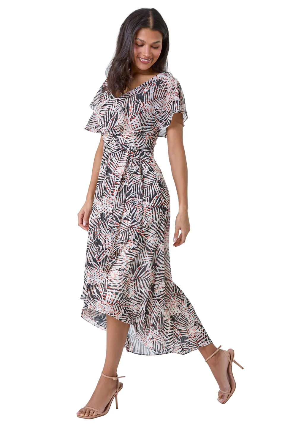 Roman Black Leaf Print Chiffon Midi Wrap Dress