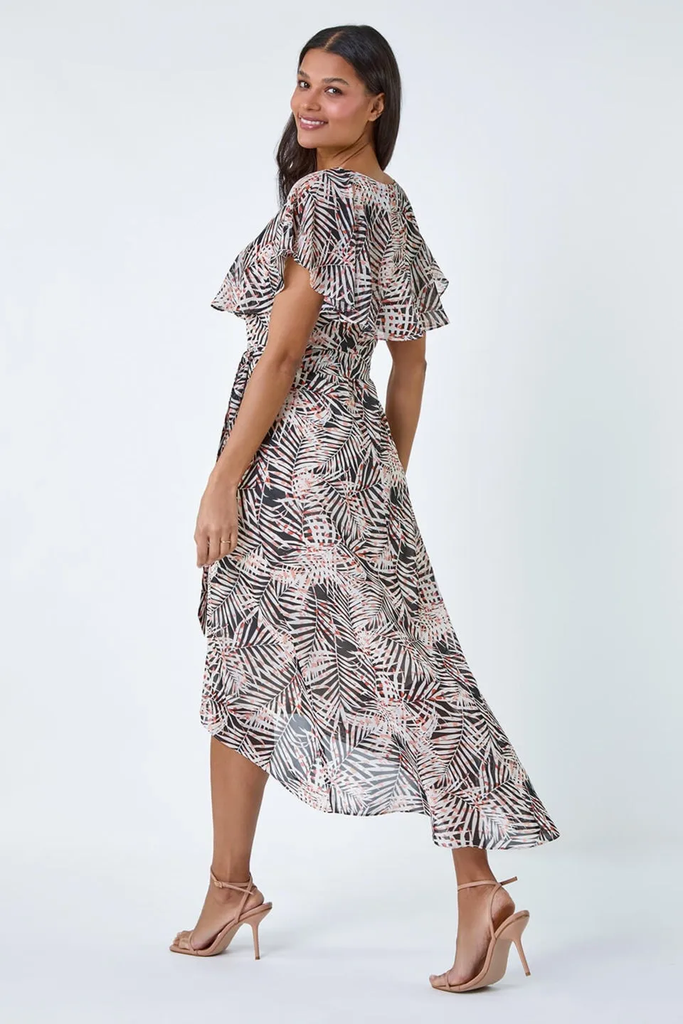 Roman Black Leaf Print Chiffon Midi Wrap Dress