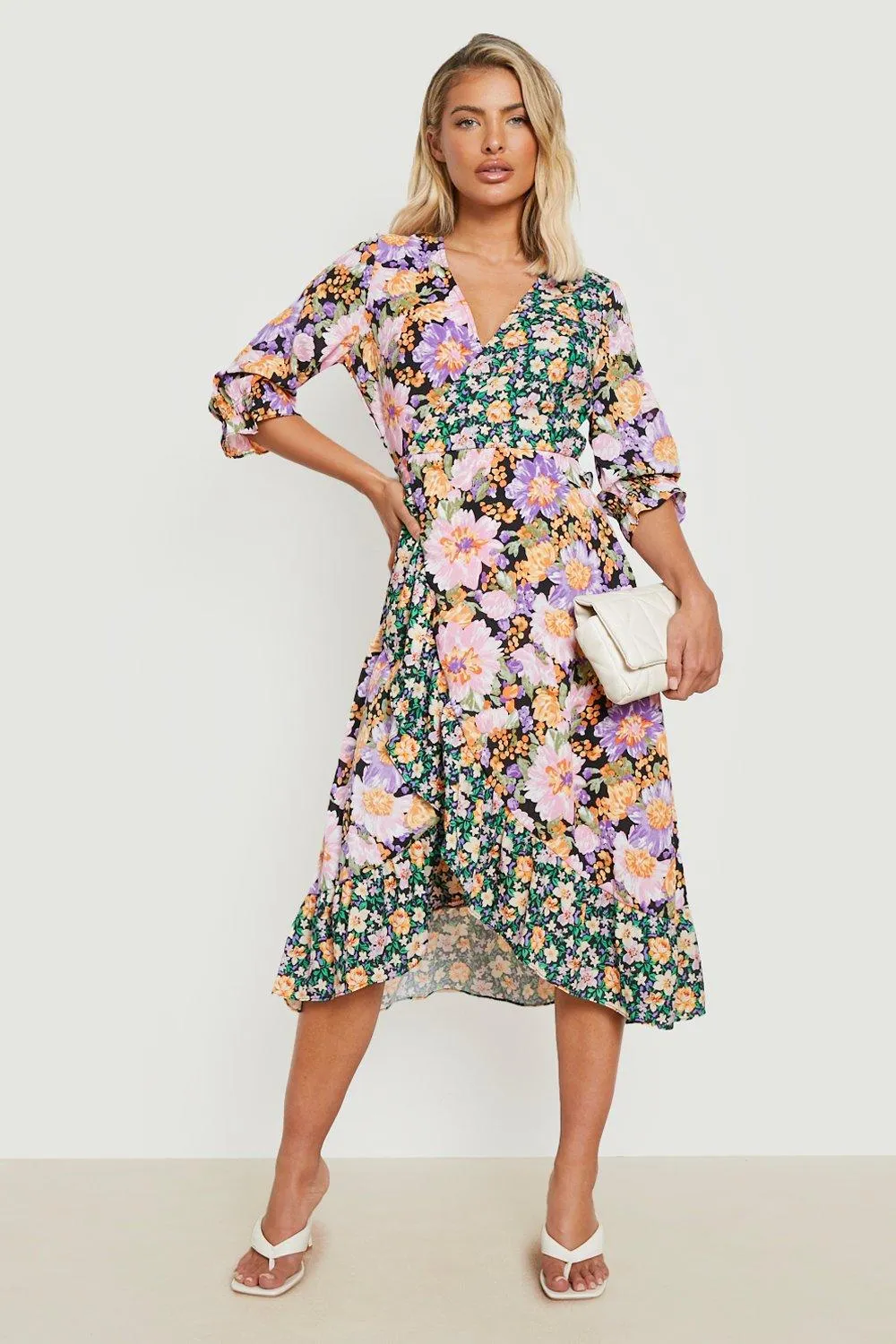 Ruffle Mixed Floral Wrap Midi Dress