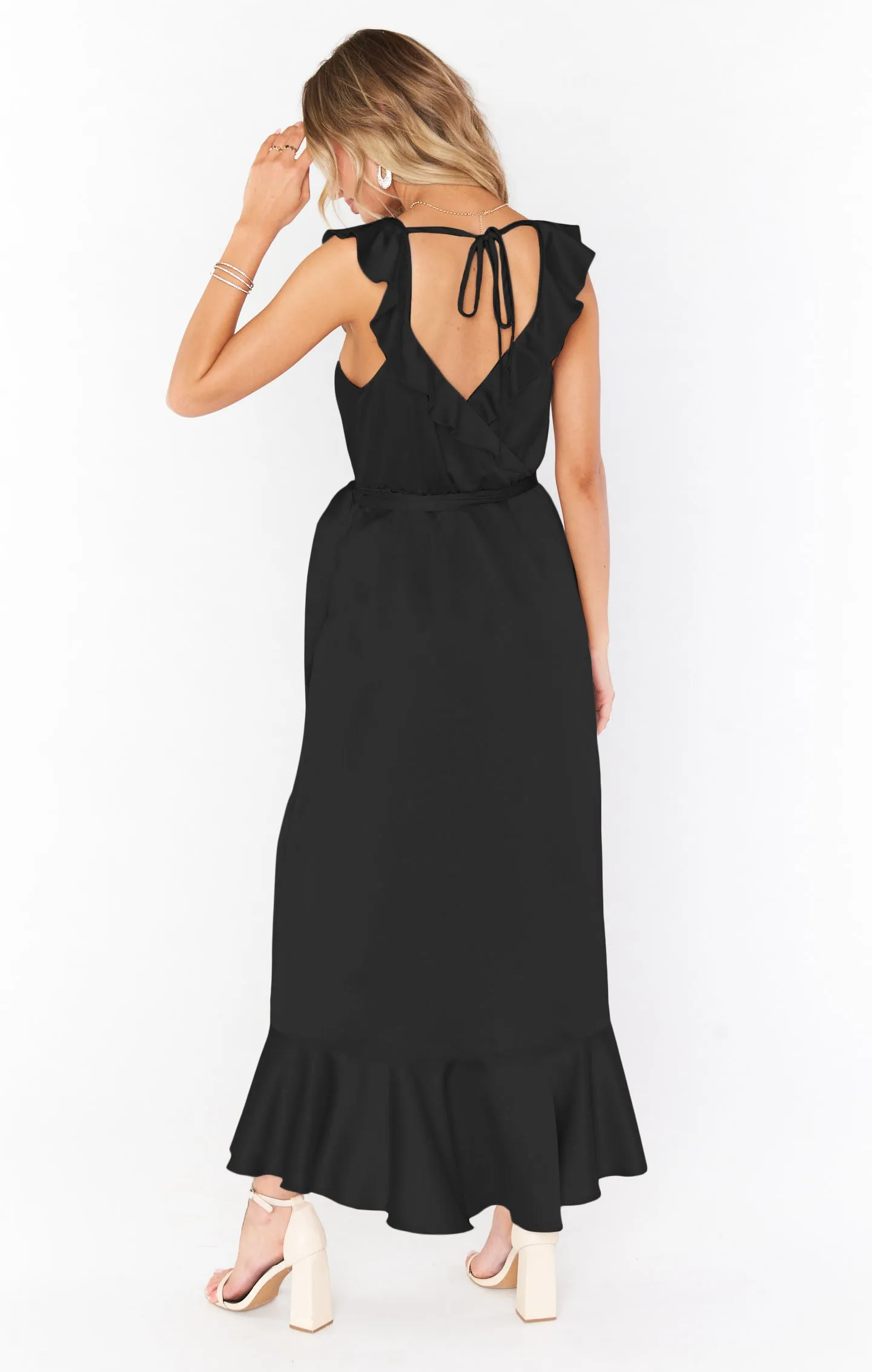 Samantha Ruffle Wrap Dress ~ Black Luxe Satin