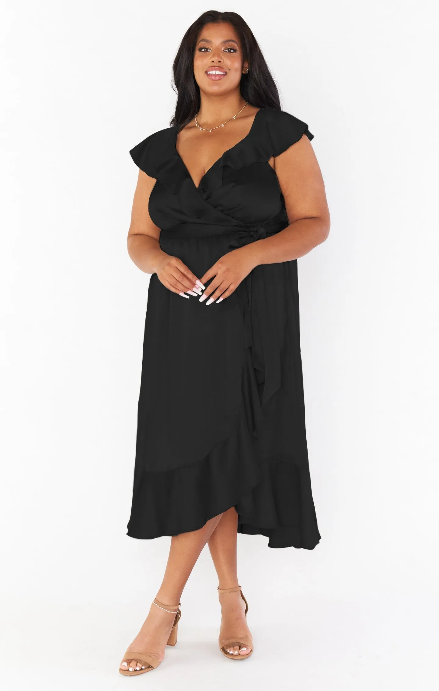 Samantha Ruffle Wrap Dress ~ Black Luxe Satin