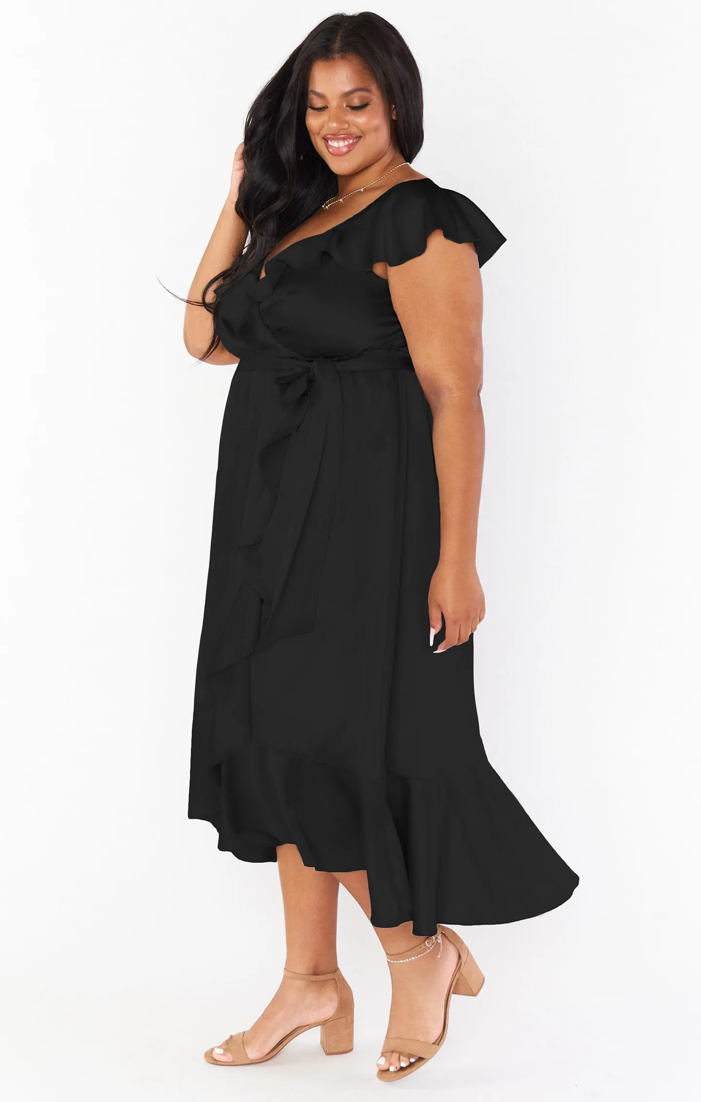 Samantha Ruffle Wrap Dress ~ Black Luxe Satin