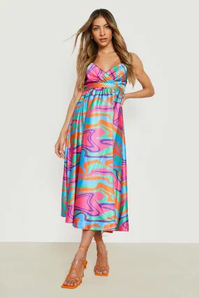 Satin Abstract Wrap Self Belted Midi Dress