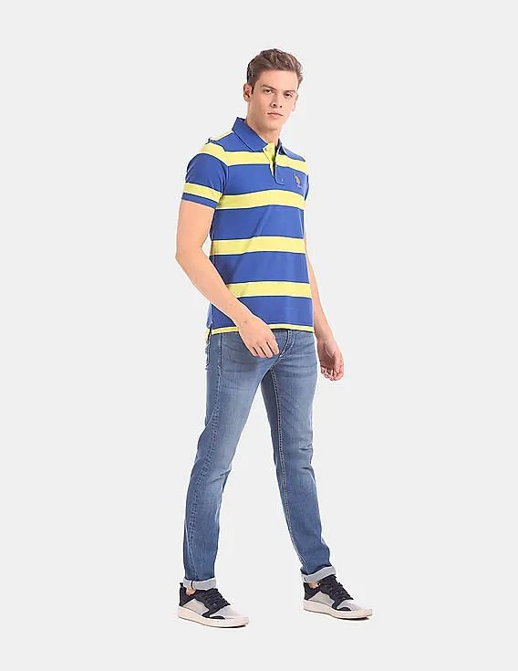 U.S. Polo Assn. Men Blue And Yellow Horizontal Stripe Pique Polo Shirt