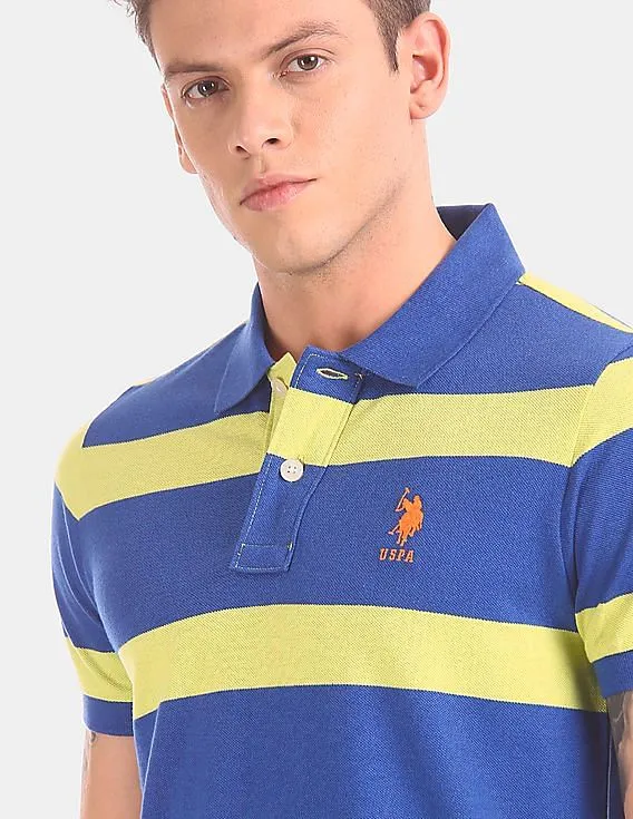 U.S. Polo Assn. Men Blue And Yellow Horizontal Stripe Pique Polo Shirt