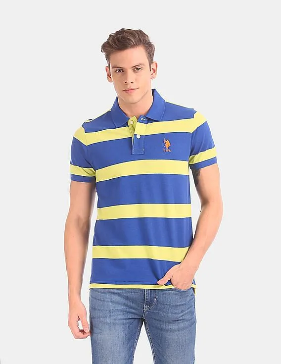 U.S. Polo Assn. Men Blue And Yellow Horizontal Stripe Pique Polo Shirt